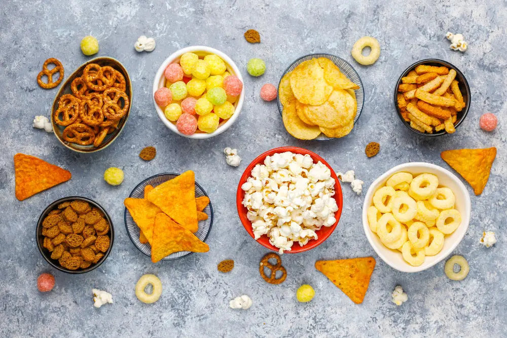 Picture of a variety of snacks in bowls