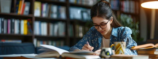 student studying in library
