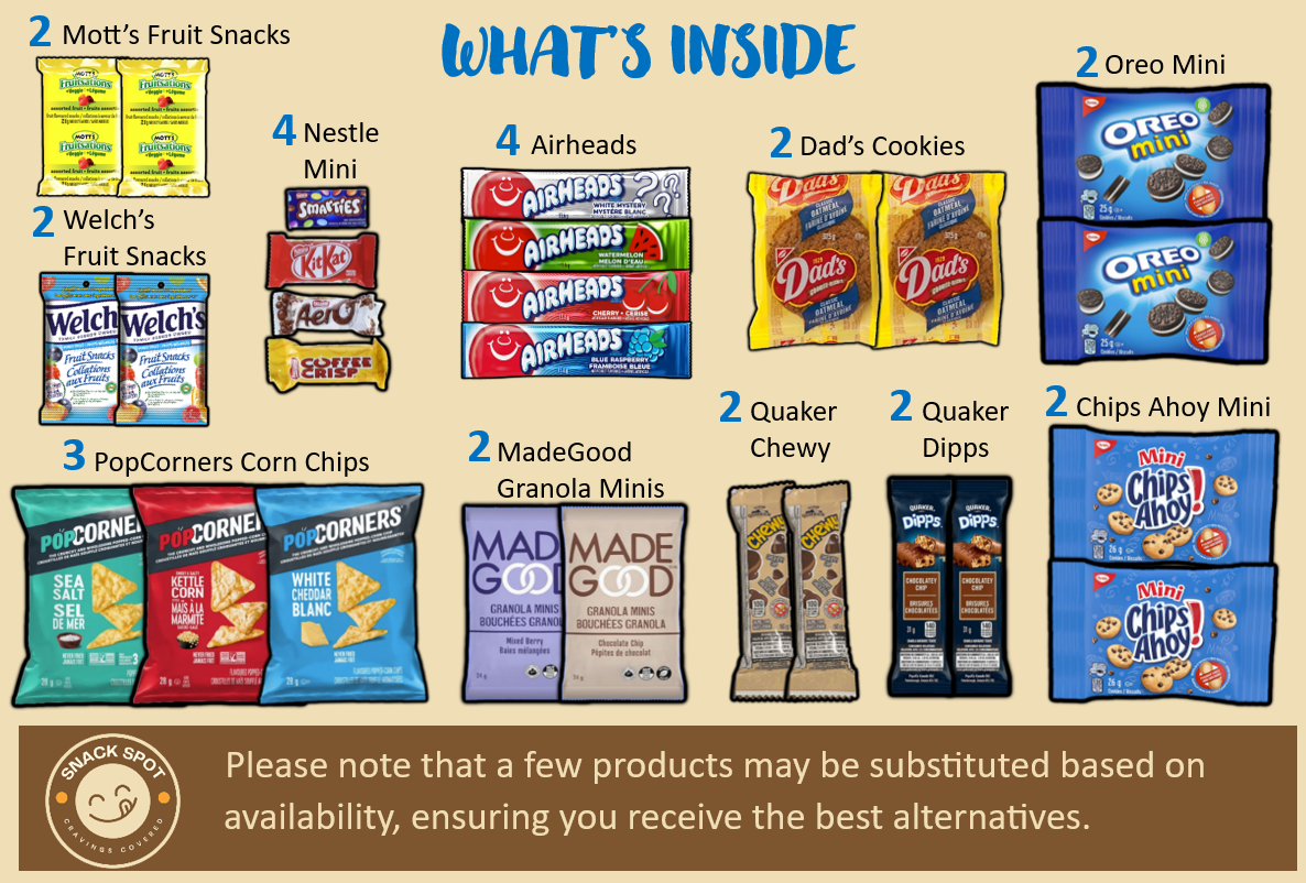 Fruits snacks, chips, cookies and candies included in the Student Box