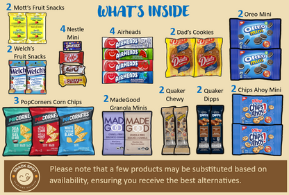 Fruits snacks, chips, cookies and candies included in the Student Box